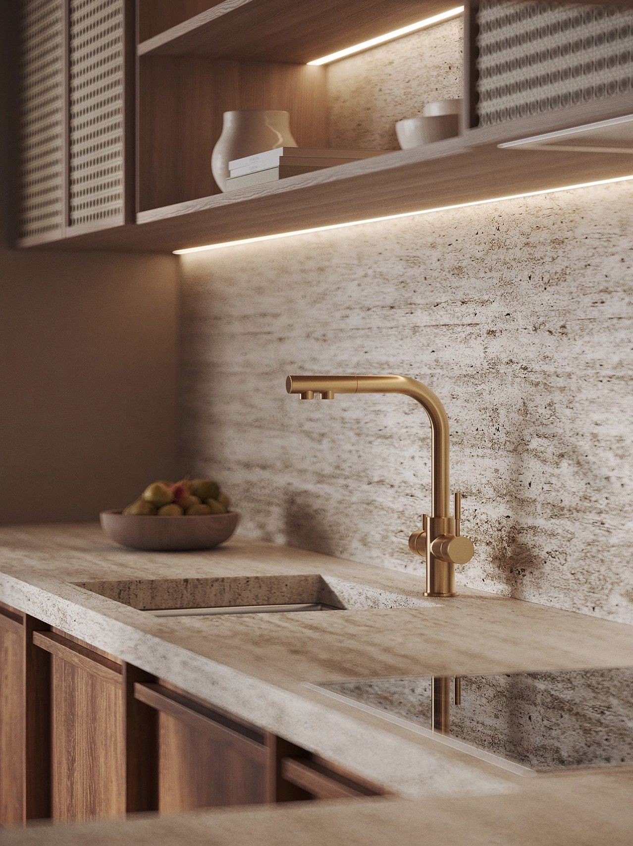 Contemporary kitchen design with staggered cabinets, cantilevered island, and fluted panels BY BOOLALA